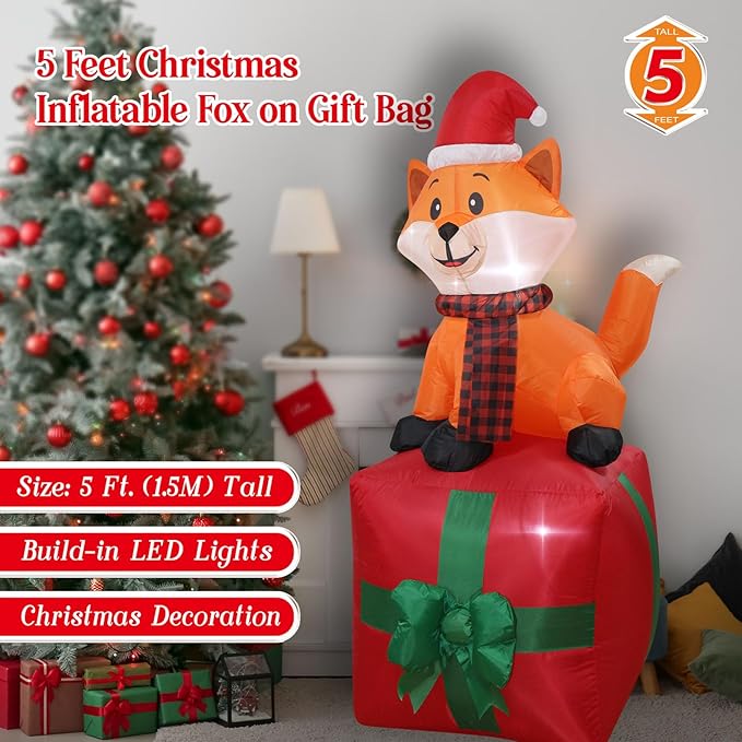 Christmas Inflatables Fox on Giftbox Lighted Yard Lawn Inflatable Decoration with Built-in Fan and Stakes Ropes Holiday Party Decor, Christmas Decor (5FT-Fox on GiftBox)