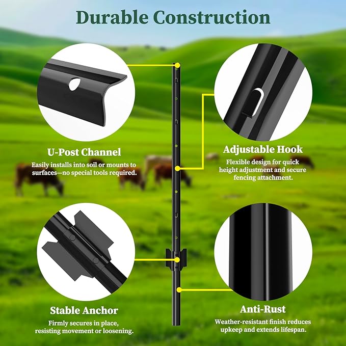 20 Pack Metal Fence Posts, 4ft Heavy Duty U-Post, Black Garden Stakes, No-Dig Post Anchors for Wire Fences, Temporary Fencing, Electric Fence, and Corner Support