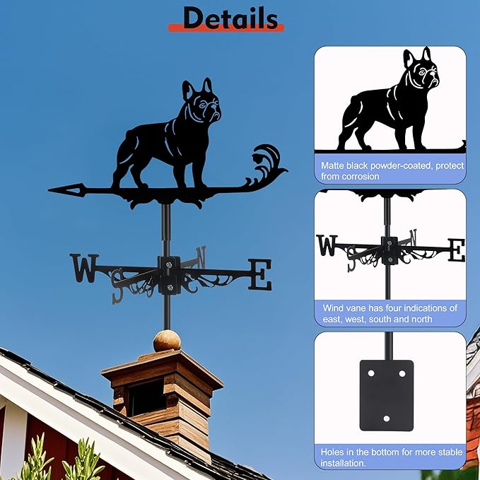 French Bulldog Weather Vane, Black Metal Dog Weathervane Roof Mount, Wind Direction Indicators Wind Measuring Tool Outdoor, Wind Vane Ornament Decoration for Shed Garden Yard Farmhouse Patio Decor
