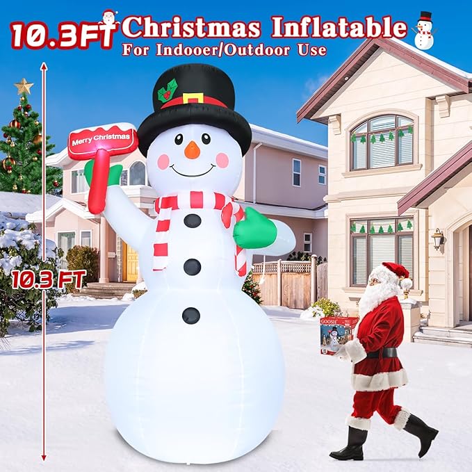 GOOSH 10.3 FT Christmas Inflatables Snowman Outdoor Decoration Blow Up Holds a Red Sign with Built-in LEDs for Garden Lawn Indoor Party Decor