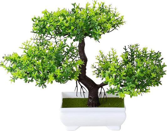 Mini Artificial Bonsai Tree Plants Artificial Plant Welcome Pine Tree with Plastic Cement Pots for Home Office Décor (Green)