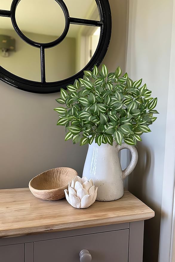 Hollyone 5 Bundles Artificial Greenery Plants Stems Faux Wandering Jew Leaves Plant Bouquet Fillers for Arrangement, Fake Shrub Bushes Plants for Home Centerpiece Indoor Outdoor Garden Patio Porch