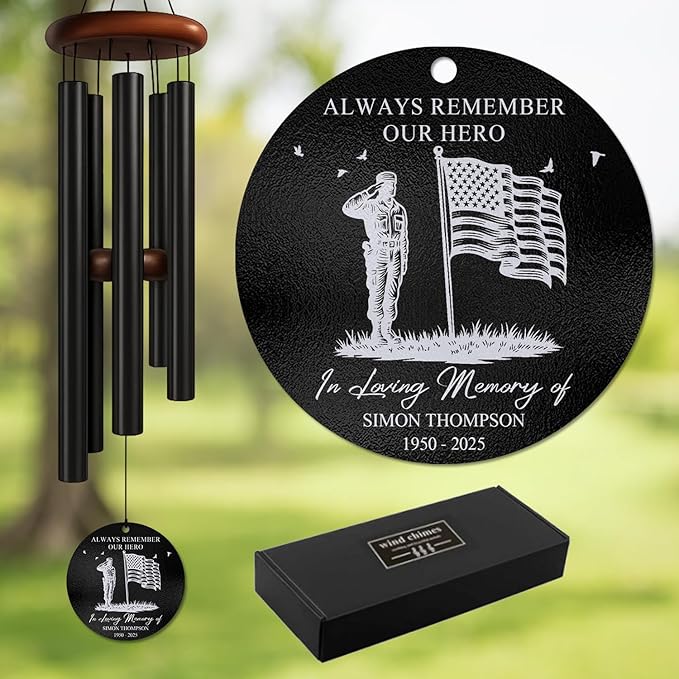 Personalized Military Memorial Wind Chime – “Always Remember Our Hero” Custom Soldier & Flag Design – Engraved Name & Years – Sympathy Gift for Veteran Families – Windchimes for Loss of Loved One