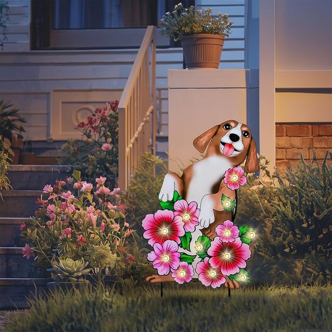 WONDER GARDEN Decorative Garden Stakes - Lighted Dog and Flower Yard Sign Stakes Spring Signs for Outdoor, Porch, Yard,Flower Bed Decor (Battery Operated)