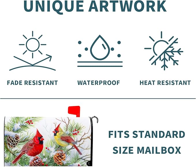 Winter Birds Mailbox Cover with Magnetic Christmas Tree Holly Branches Red Berry Pine Cone Mailbox Wrap Post Cover Standard Size 21x18 Inch for Garden Yard Outdoor Patio Hew Year Decor