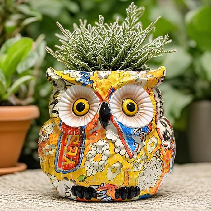 Yellow Owl Planter, Owl Flower Pot, Owl Succulent Pots, Owl Statue Decor, Animal Plant Pots Indoor/Outdoor, Cute Flower Pots with Drainage, Figurine Plant Pot, Decorative Planters Gifts for Women
