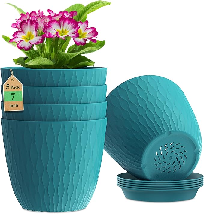 7 inch Flower Pots, 5 Pack Plant Pots with Drainage Holes and Saucers for Indoor Plants, Plastic Planters with Water Ripple for Small Garden House Plants, Nursery Pots for Succulent, Blue Green
