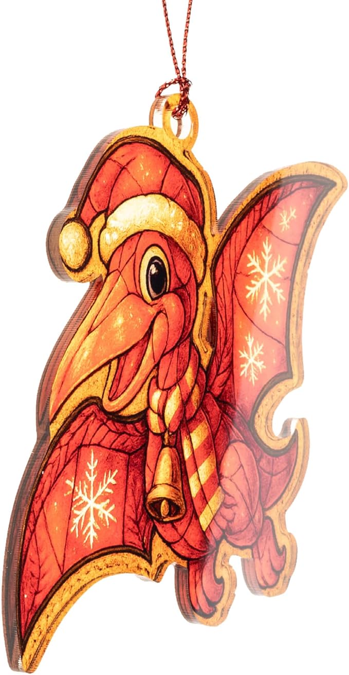 Pterodactyl Ornament – Cute Dinosaur – Flying Dino Decor – Kids Holiday Card – Christmas Dino Ornament – Suncatcher Effect Stained Glass Window Hanging – Car Hanging