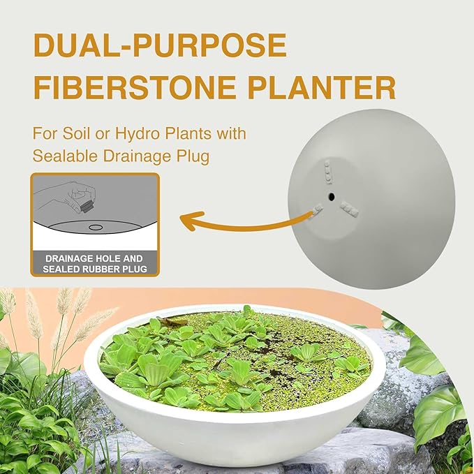 7.7"H x 22"D Round Bowl Fiberstone Planter for Succulent and Lotus - Christmas Tree Planter, Weather Resistant for Indoor & Outdoor Use, Included 2 Extra Coco Mats (White, 19.9" Pot Opening)