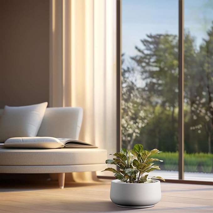 Kante 13.4" Dia Round Curvy Concrete Planter, Large Plant Pots with Drainage Hole and Rubber Plug for Indoor Outdoor Plants, Flower Pot for Home Garden Patio Porch, White