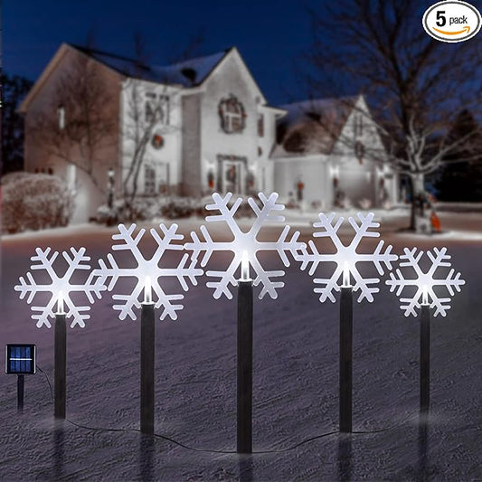 BRIGHTDECK Snowflake Solar Christmas Decorations Outdoor, 5 Pack LED Pathway Lights, Waterproof Snowflake Pathway Lights, Stake Lights for Christmas Garden Decor (5Pcs Cold White)