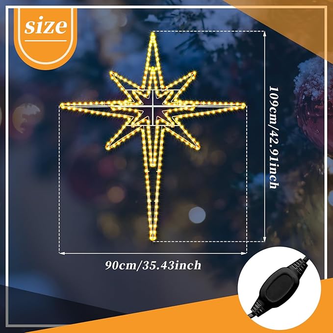 Outdoor Christmas Star of Bethlehem Large LED Star Window Plug Operated Lighted for Xmas Wall Window Indoor Outside Home Street Store Holiday Decorations(43'',Warm Light)