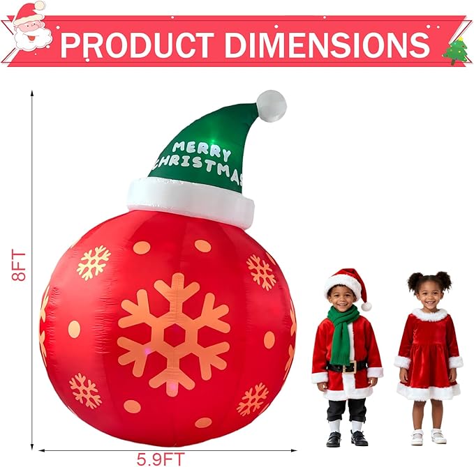 8ft Red Christmas Ball with Santa Hat Inflatable Outdoor Indoor Decor, Giant Blow Up IP44 Weatherproof Xmas Decorations for Yard, Built-in 7-Color LED Rotating Light for Gardern Lawn Winter Holiday