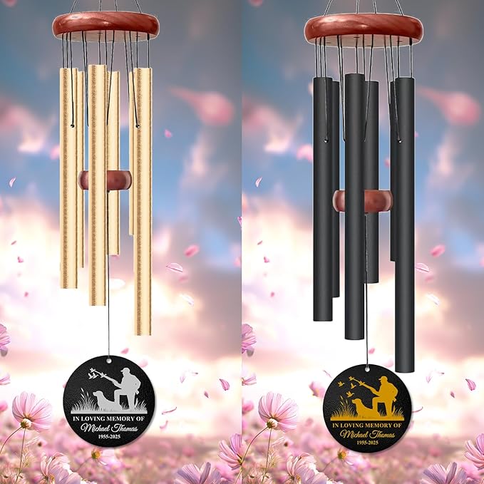 Personalized Hunter & Dog Memorial Wind Chime – “in Loving Memory of” Golden Engraved Hunting Scene – Custom Name & Years Sympathy Gift – Windchimes for Loss of Loved One – Nature Tribute Décor