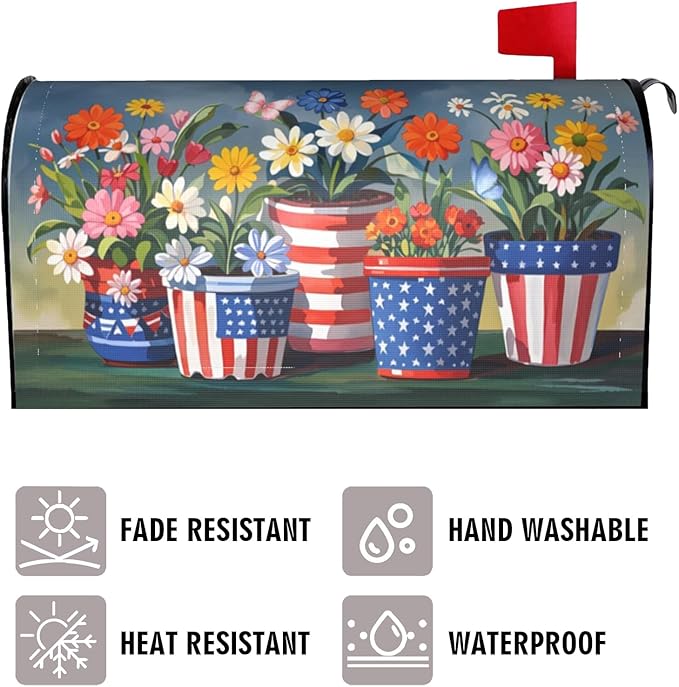 Independence Day Mailbox Covers, Summer Flowerpot Large Size Magnetic Mailbox Cover, July 4th Patriotic 25.1x21 Inch Post Letter Box Case for Outside Decor