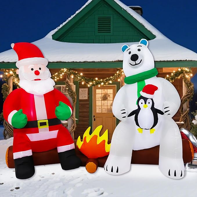 10FT Long Christmas Inflatables Decorations, Outdoor Santa & Polar Bear Campfire Giant Blow Up with Built-in LED Lights for Yard Garden Lawn Holiday Decor