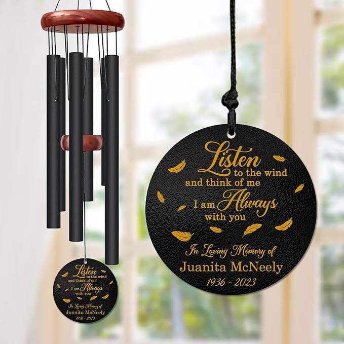 Personalized “Listen to The Wind” Memorial Wind Chime – Custom Name & Years – Golden Feather Remembrance Gift – Outdoor Sympathy Windchime for Loss of Loved One – Comforting Bereavement Keepsake