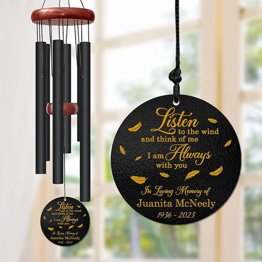 Personalized “Listen to The Wind” Memorial Wind Chime – Custom Name & Years – Golden Feather Remembrance Gift – Outdoor Sympathy Windchime for Loss of Loved One – Comforting Bereavement Keepsake