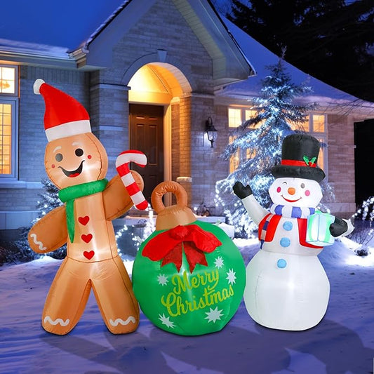 5 FT Christmas Inflatable Outdoor Decorations, Inflatable Snowman and Gingerbread Man with Christmas Ball Built-in LED Lights Blow Up Yard Decorations for Holiday Indoor Outdoor Party Garden Lawn
