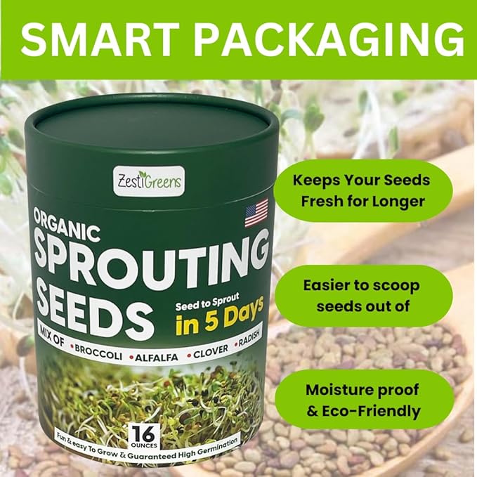 ZestiGreens Fresh Sprouting Seeds Mix (16oz) Broccoli, Alfalfa, Radish, Clover Seeds in Food Grade Colorful Container with Lid for Easier Scooping & Keeping Fresher