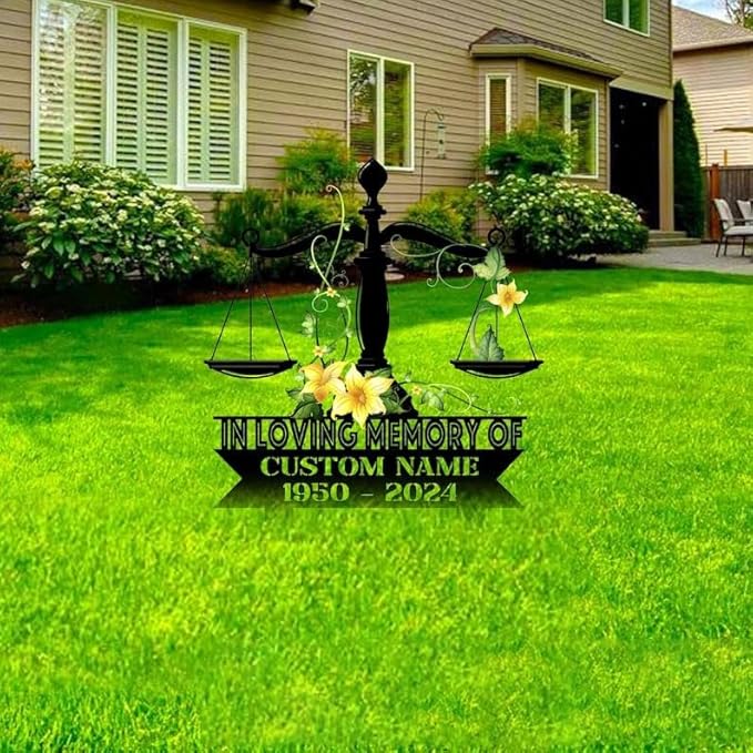 Custom Lawyer Memorial Stake – Metal Justice Scales Grave Marker, Lawyer Garden Stake Yard Decor (Lawyer Lily Flower Memorial)