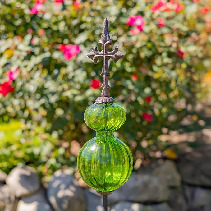 Zaer Ltd. Colored Blown Glass Garden Stake with Cast Iron Finial on Top (Pack of 2) (Pastel Green)