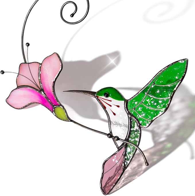 Multicolor Hummingbird Handmade Stained Glass Suncatcher Genuine Stained Glass Window Hangings Unique Indoor Ornament & Outdoor Decor (Green Hummingbird)