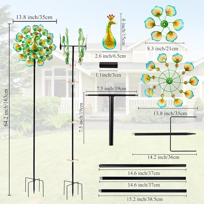 Peacock Wind Spinners Outdoor,13” Metal Wind Spinner Garden Pinwheels,360°Peacock Wind Sculptures & Spinners,Kinetic Wind Spinners for Yard and Garden(13.8”W X 64.2”H)
