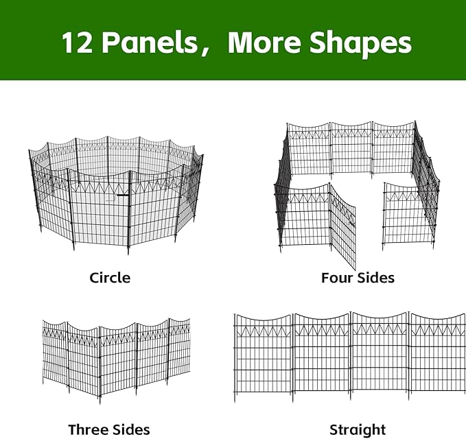 12 Panels No Dig Fence with gate, 40in(H)×27ft(L) Tall Decorative Fence Outdoor | Rustproof Metal Garden Fence Borders | Heavy Duty Reusable Defense Fence Panels for Yard, Patio, Black