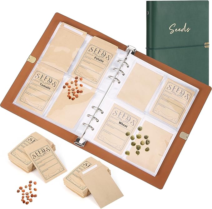 Garden Seed Storage Organizer Binder - 150 Resealable Seed Envelopes Brown Shell with 40 Sheet Protectors for Efficient Seed Packet Organization - Green