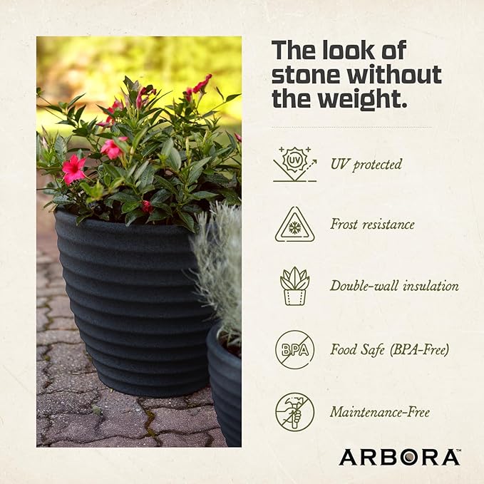 ARBORA 16" Ibiza Polyresin Indoor and Outdoor Planter with Classic Black Finish - Durable, Weatherproof, Lightweight, Large Plant Pot for Patio, Garden, Deck, Entryway