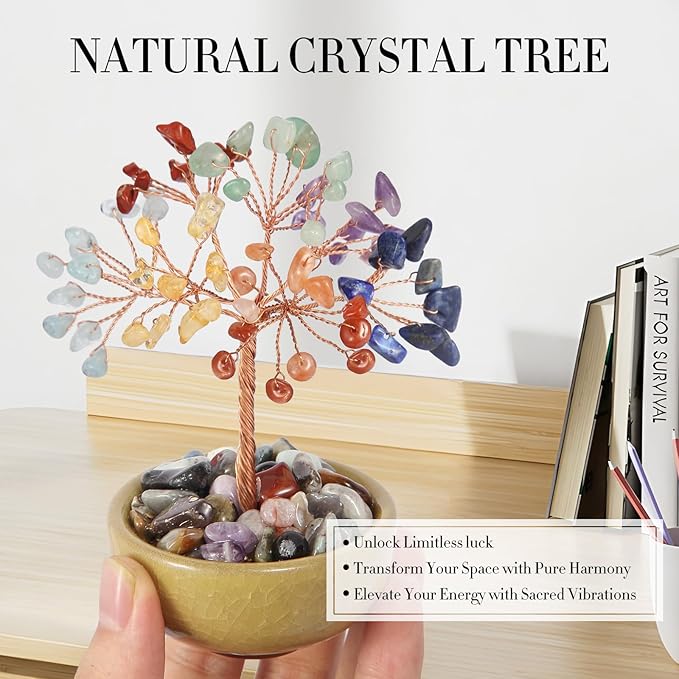Handcrafted 7 Chakra Abundance Tree with Ceramic Base,5 Inch Natural Crystal Feng Shui Bonsai for Prosperity,Harmony & Energy Flow,Premium Healing Stone Decor for Home & Sacred Spaces