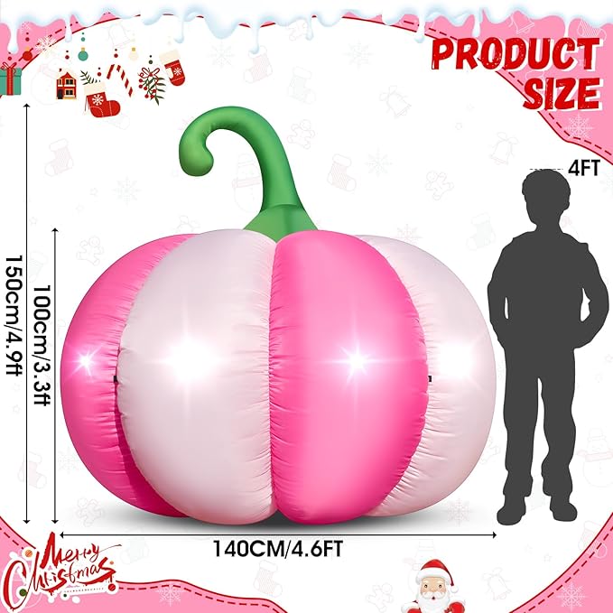 4.6FT Christmas Inflatable Pumpkin Blow-up Pink Pumpkin Build-in 4 LED Lights for Pink Christmas Outdoor Decorations Giant Inflatable Fake Pumpkins for Winter Xmas Party Decor Yard Garden Lawn