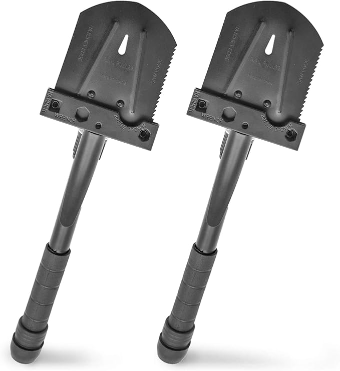 Emergency Zone 11-in-1 Collapsible Folding Military 15.5 Inch Survival Shovel Multitool with Carrying Case. Great for Hiking, Camping, Backpacking, Gardening, and for Keeping in Your Car. 2 Pack