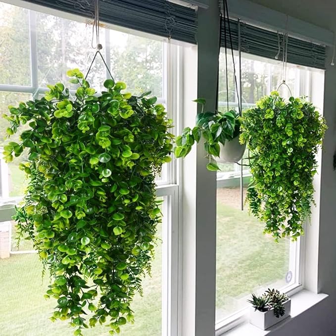 6pcs Artificial Hanging Plants Fake Hanging Plant Faux Eucalyptus Leaf Greenery Vine Outdoor UV Resistant Plastic Plants (6, Green)