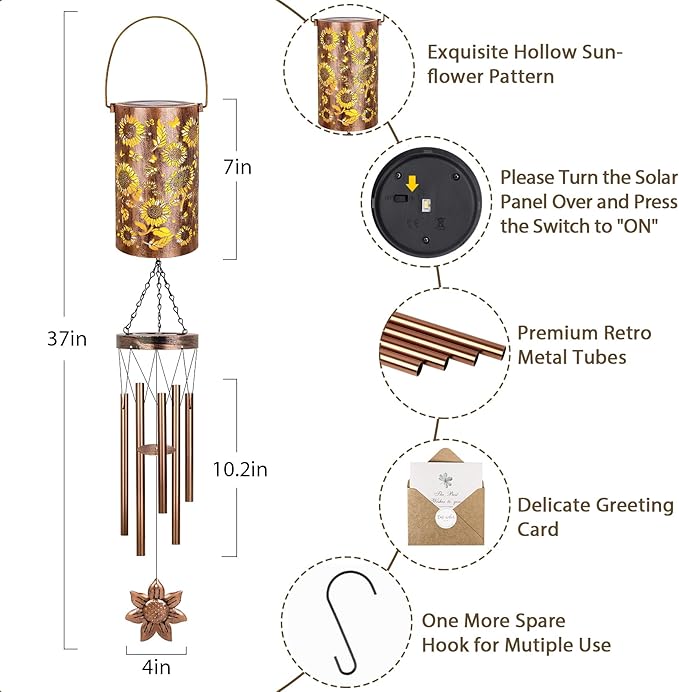 YHmall Solar Wind Chimes for Outside, 35'' Sunflower Gifts for Women Mom Grandma Windchimes Outdoors, Solar Lantern Memorial Wind Chimes Teacher Appreciation Unique for Garden Decor
