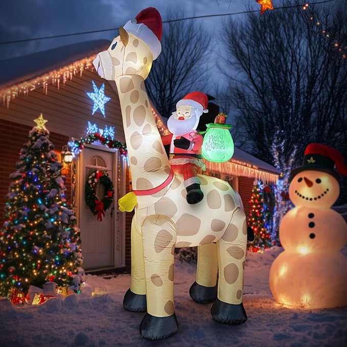 10FT Christmas Inflatables Santa Claus Rides Giraffe, Christmas Blow Ups Outdoor Decoration, Built-in LEDs for Holiday Party Front Garden Lawn Yard Patio Outdoor