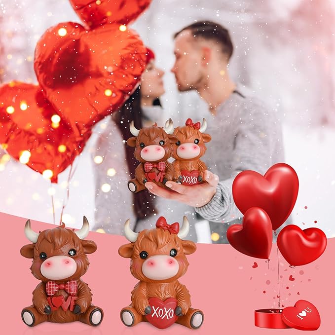 2PCS Valentines Highland Cow Figurine Valentines Day Gifts Valentines Day Decor Highland Cattle Love XOXO Highland Cow Gnomes Resin Figurine Statue Farmhouse Table Home Garden Decor