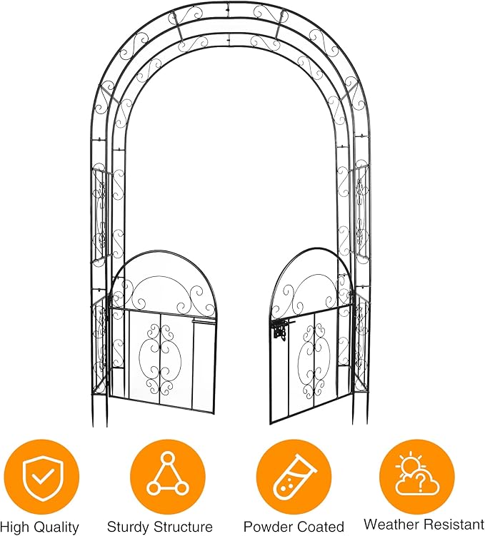 84in High Metal Garden Arbor with Gate, Heavy Duty Wide Garden Arch, Metal Arch Trellis with Gate for Climbing Plant, Wedding, Outdoor Patio Décor, Black(84"x52.4"x19")