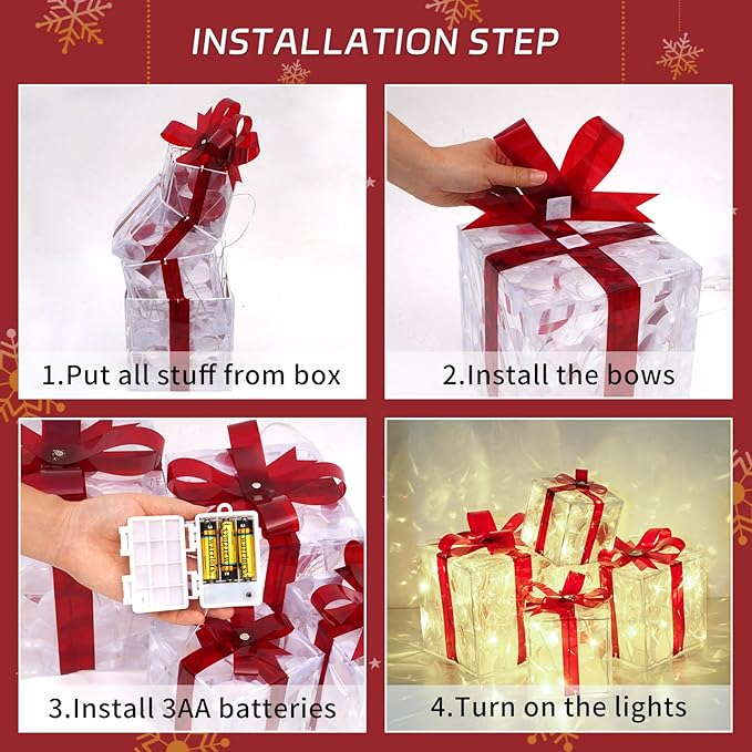 Christmas Lighted Gift Boxes, Pre-lit Lights Gift Boxes Set of 4, Light up Present Boxes Set Battery Operated with Different Sizes for Holiday Indoor Outdoor Decorations(Warm White)