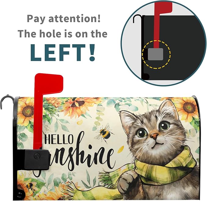 Hello Sunshine Cat Magnetic Mailbox Cover for Garden Yard, Summer Sunflowers Bee Kitten Waterproof Mailbox Wrap Post Cover for Outdoor Outside Patio Decor, Large Size 25.5x21 Inch