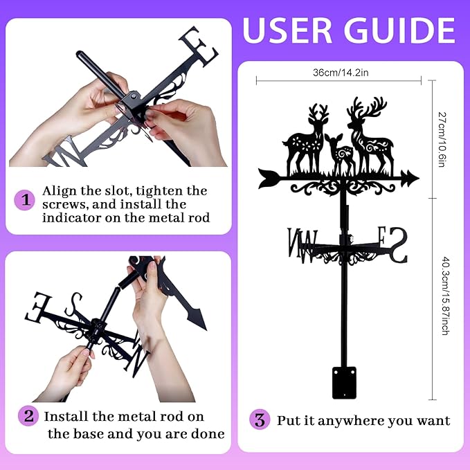 Deer Family Weathervane Metal Wind Vane Arrow Weathercock Garden Decoration Wind Direction Indicator Stake Roof Mount Ornament for Farmhouse Yard Outdoor