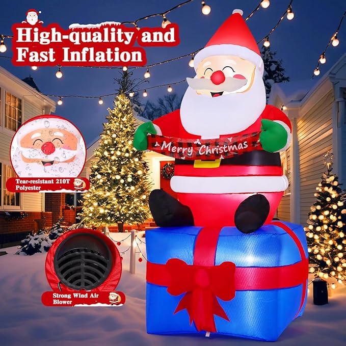GOOSH 6 FT Christmas Santa Inflatables Outdoor Decorations Smiling Santa Claus Seated with Banner on Present Boxes Blow Up Yard with Built-in LEDs for Christmas Party Yard Garden Lawn Decoration