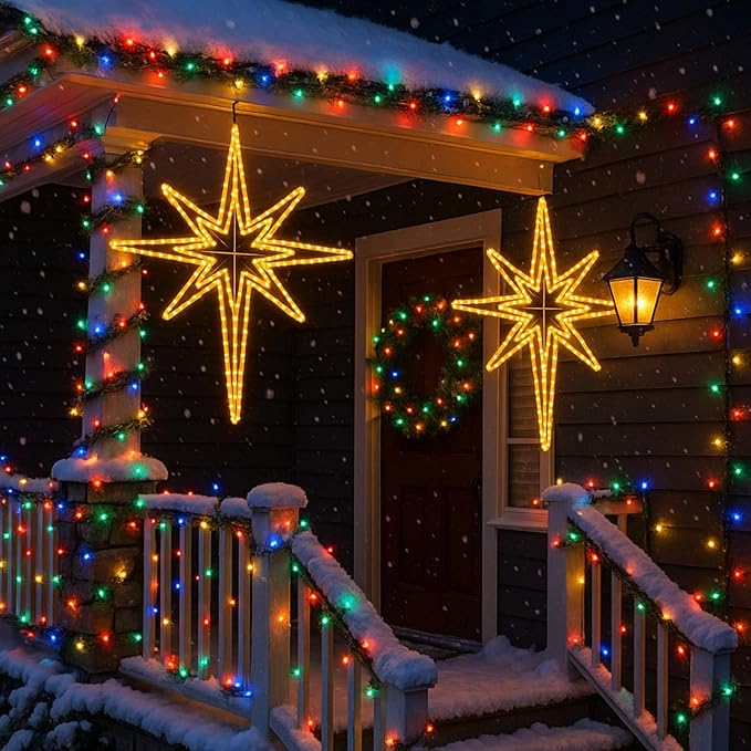 Outdoor Christmas Star of Bethlehem Large LED Star Window Plug Operated Lighted for Xmas Wall Window Indoor Outside Home Street Store Holiday Decorations(50'',Warm Light)