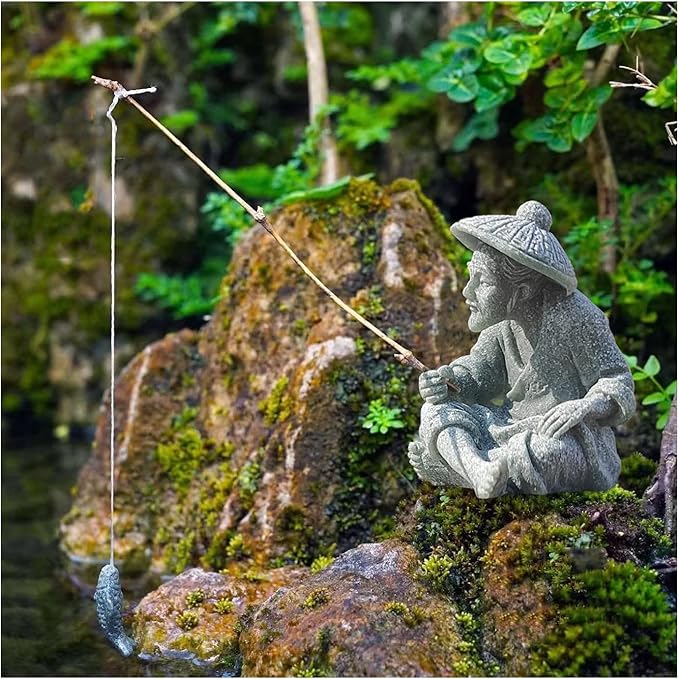 livelyfish Mini Fisherman Statue Asian Zen Decoration Sitting Fishing Figurines Sandstone Vintage Ornament for Aquarium Fish Tank Pot Garden Home Japanese Decor (A)