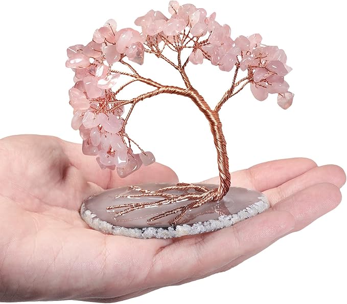 mookaitedecor Natural Rose Quartz Crystal Money Tree Agate Slice Base Feng Shui Bonsai Crystal Tree for Wealth Luck Desk Decor, 3-4 Inch High