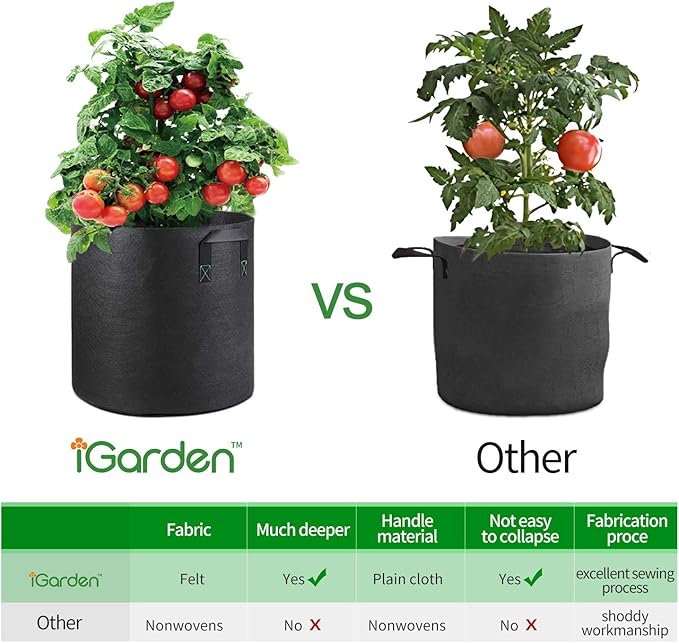 Grow Bags Tall, 5 Gallon Grow Pots 6 Pack with Handles, Heavy Duty 280G Thickened Nonwoven Fabric Plant Bag for Vegetables, Black
