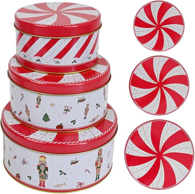 Christmas Cookie Tin Set of 3 Decorative Metal Storage Tin Boxes with Lids for Home Decor Memory Boxes for Keepsakes and Photos(WhiteRed)