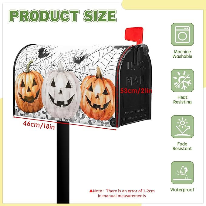 Halloween Pumpkin Mailbox Covers Bat Spider Web Mail Box Cover Magnetic Standard Size 21x18 inch Fall Autumn Post Letter Box Cover Outdoor Decor for Garden Eucalyptus Leaf