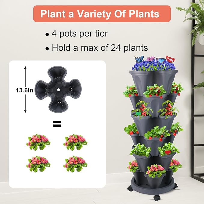 GameXcel Vertical Planter, 6 Tier Stackable Strawberry Planter with Garden Tool Set, Movable Indoor/Outdoor Garden Herb Pot for Growing Vegetables and Succulents, Dark Gray